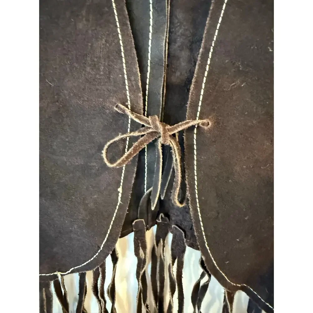 Vintage 90s Western Fringe Vest Women’s Size Medium Brown Sleeveless V-Neck